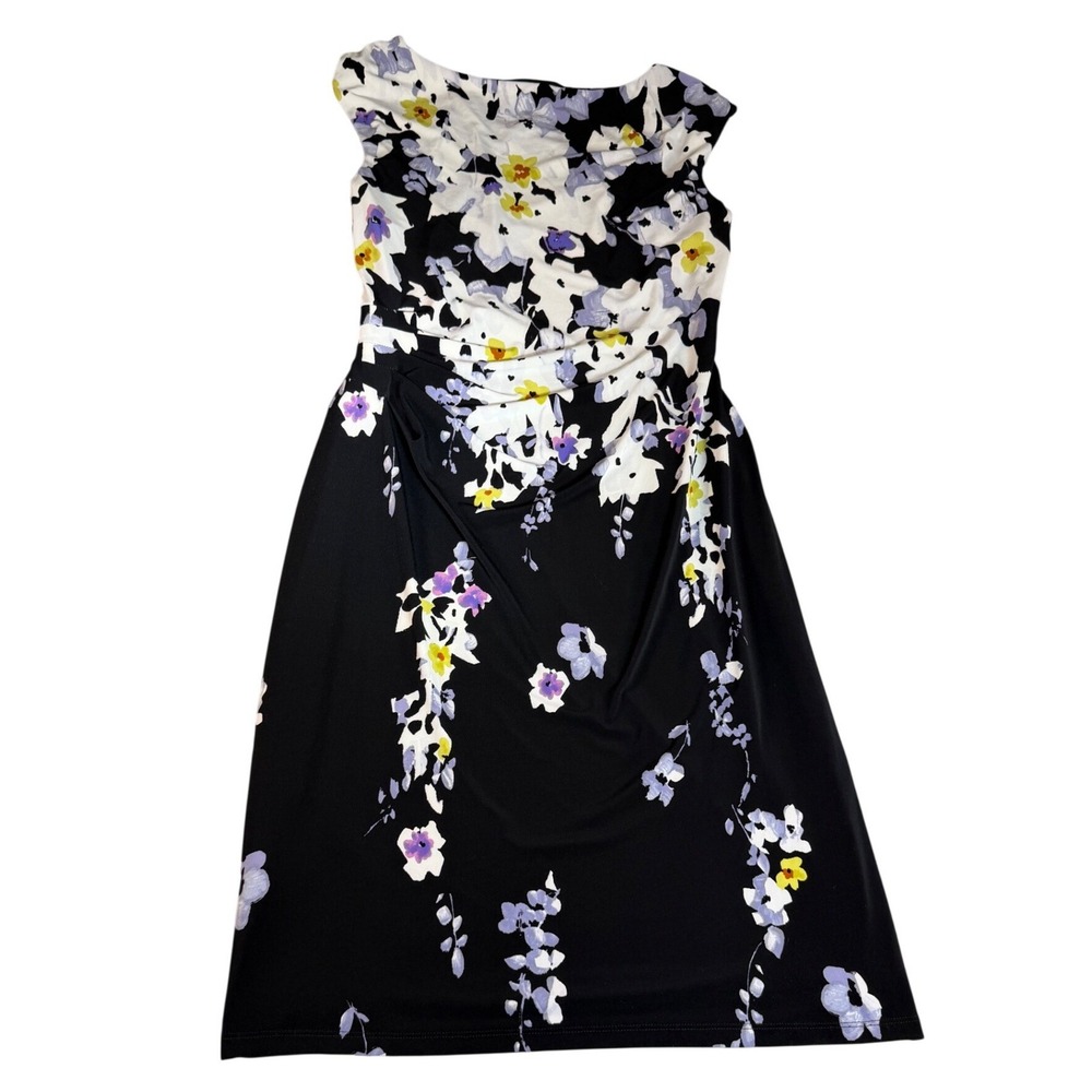 Lauren Ralph Lauren Floral Ruched Sheath Dress Black Purple Yellow Size 12
